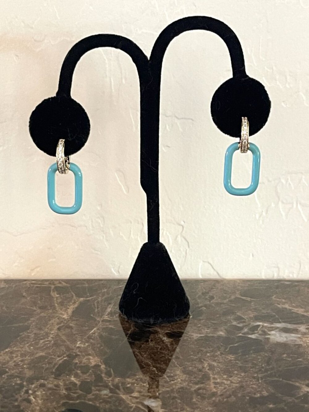 New Melinda Maria Earrings Pierced Dangle Drop Gold Blue Enamel Crystal